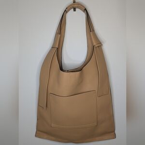 Zara Flat Shopper Shoulder Tote Bag Vegan Leather Tan